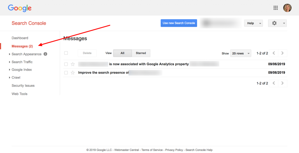 Google Search Console messages section