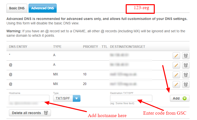 123 Reg DNS add TXT file Google Search Console domain property verification