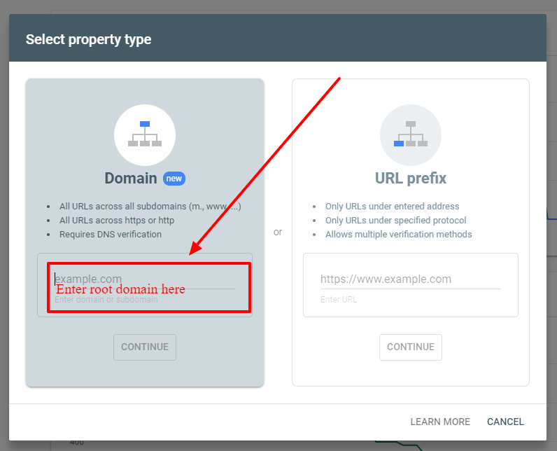 Enter domain property root domain name